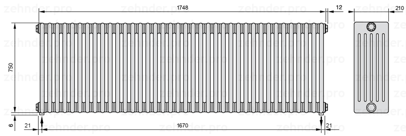 Схема (чертеж) Радиатор Zehnder Charleston 6075/38 №5310 Белый глянцевый RAL 9016
